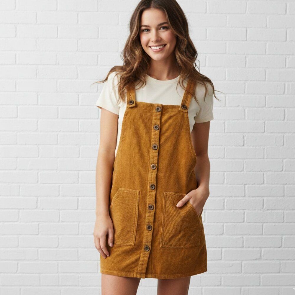 Corduroy Overall Dress Farmcore Festival Academia Gold Button Up Women sz Small